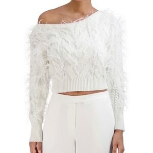 BCBGMAXAZRIA Feather Cable Knit Off Shoulder Sweater Sz XXS Coquette Nwt